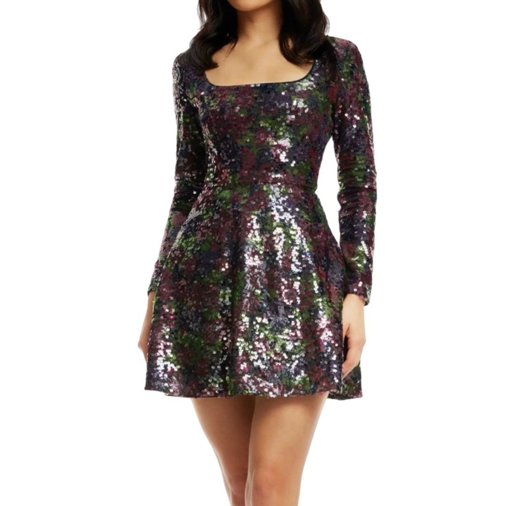 Dress The Population Sequin Dress Womens Size Small Multi Plum Long Sleeve NYE